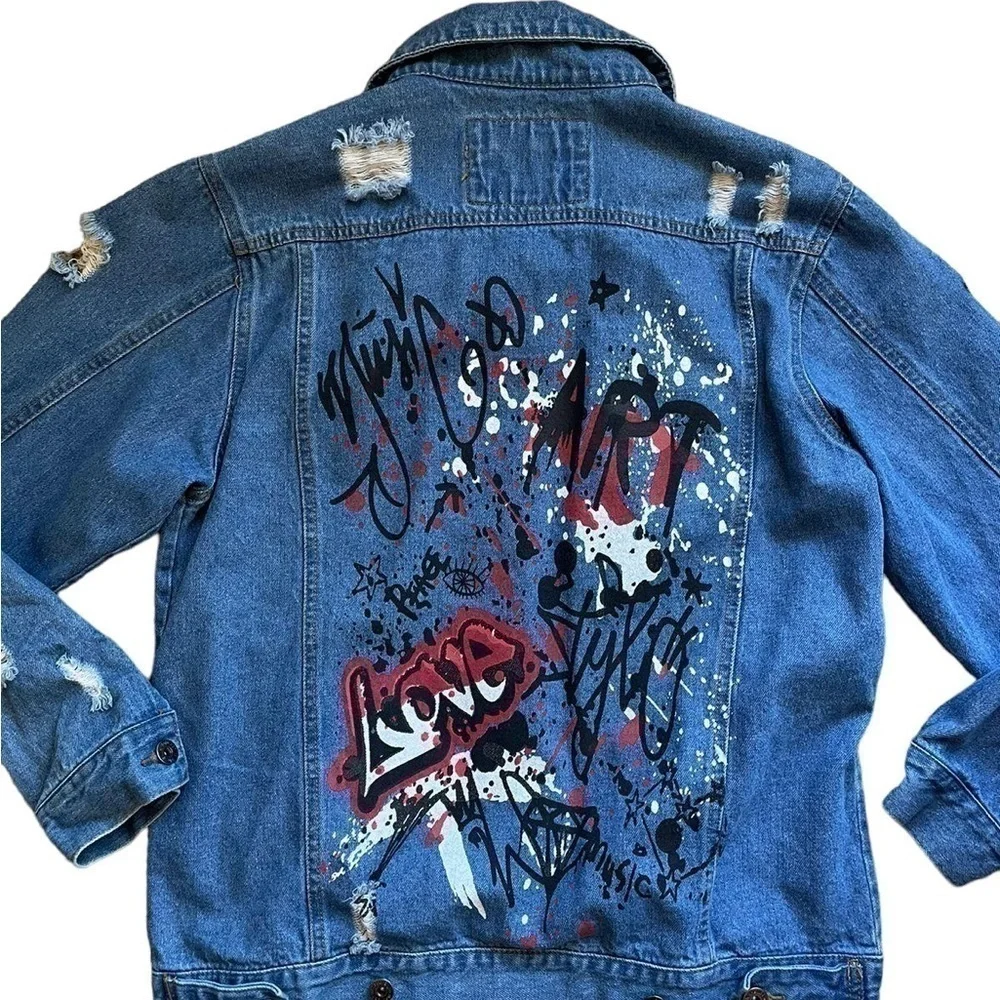 Distressed Denim Graffiti Jean Jacket Womens - Picture 3 of 10